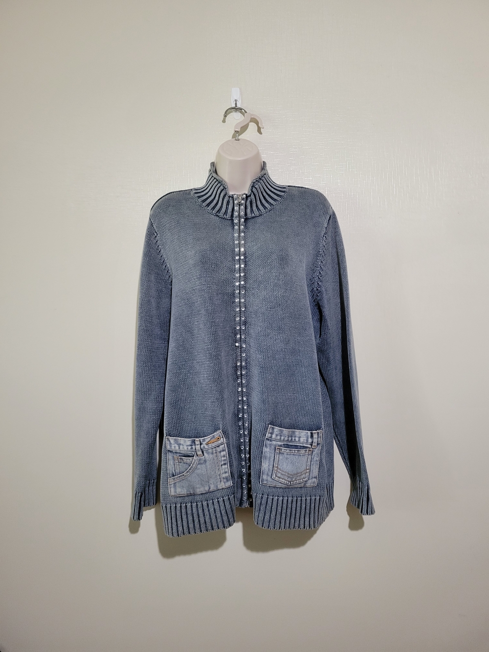 Quacker Factory Blue Gray Zip Cardigan with Pocket Details